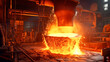 Liquid iron molten metal pouring in container, industrial metallurgical factory. 

