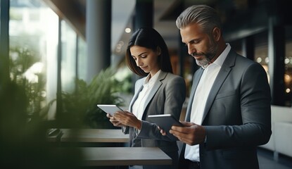 Two business people using an electronic tablet at a meeting.