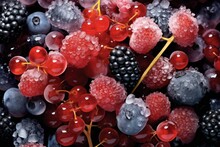 Frozen Berries And Fruits: Macro Shots Of Frozen Berries Or Fruit Encased In Ice Can Be Visually Captivating. - Generative AI