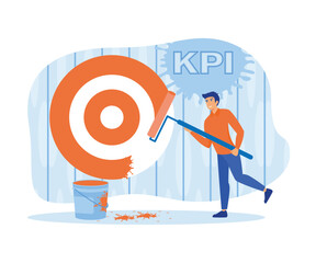 Poster - key performance indicators kpi. businessman on ladder using paint roller to paint big dartboard, arc