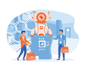 Poster - business industry robot factory concept. robotic system control put ai processing chip into human br