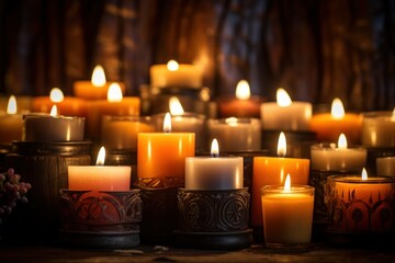 Poster - Evening Candlelight: Photograph the warm glow of candles or lanterns against the backdrop of a cold, dark evening. - Generative AI