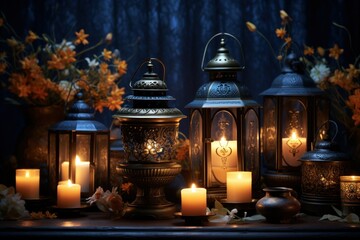 Canvas Print - Evening Candlelight: Photograph the warm glow of candles or lanterns against the backdrop of a cold, dark evening. - Generative AI