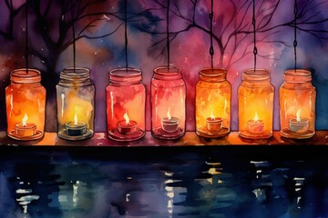 Poster - Evening Candlelight: Photograph the warm glow of candles or lanterns against the backdrop of a cold, dark evening. - Generative AI