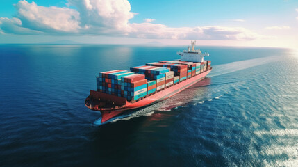 a drones perspective captures a container ship on a vast ocean expanse