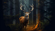 Portrait of a deer in a dark forest scenery