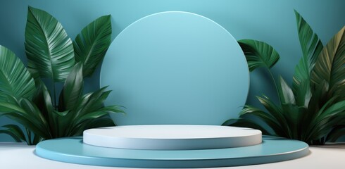 Wall Mural - Green palm plant on a pedestal and blue, in the style of circular shapes, minimalist stage designs. There is space to place products.