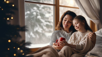 Wall Mural - Mother and daughter enjoying winter nature in the  window