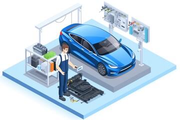 Electric car engineer production ev car assembly industry plant manufacturing lithium battery li ion pack parts worker checking isometric Isolated.