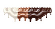 Schmelzender länglicher Schokoriegel mit drei bereichen aus weißer, heller und dunkler Schokolade. Tropfende Schokolade. Transparenter Hintergrund.