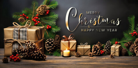 Wall Mural - Christmas card with decorations, gifts, pine cônes, tree branches on wooden surface. Merry Xmas wishes. Happy New Year. Generative Ai