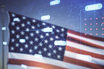 Leinwandbilder - Double exposure of abstract creative programming illustration on US flag and blue sky background, big data and blockchain concept