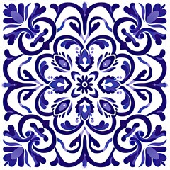 Wall Mural - Ethnic folk ceramic tile in talavera style with blue and purple floral ornament. Italian pattern, traditional Portuguese and Spain decor. Mediterranean porcelain pottery isolated on white background