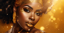 Beauty, Glitter And African Woman With Gold Makeup On Black Background With Art, Paint And Cosmetics. Shine, Glow And Model In Studio For Facial Fashion, Aesthetic Freedom And Luxury Skincare.