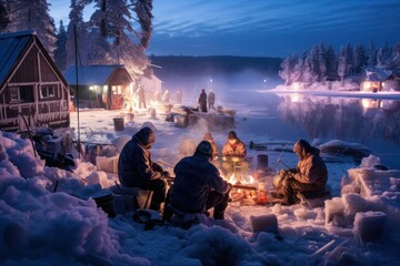 Sticker - Ice Fishing: Photograph ice fishermen patiently waiting for their catch on frozen lakes. - Generative AI