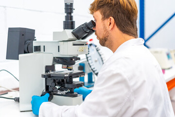 Wall Mural - young scientist analyzing cells using a microscope