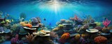 Fototapeta Fototapety do akwarium - World ocean wildlife landscape, sunlight through water surface with coral reef on the ocean floor, natural scene. Abstract underwater background