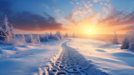 Poster - cold weather blue sunset snowy illustration sky season, frost sunpath, natural forest cold weather blue sunset snowy