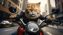 Angry Cat Driving A Motorcycle In The City