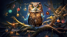 Enchanted Owl Perched On A Glowing Christmas Tree AI Generative