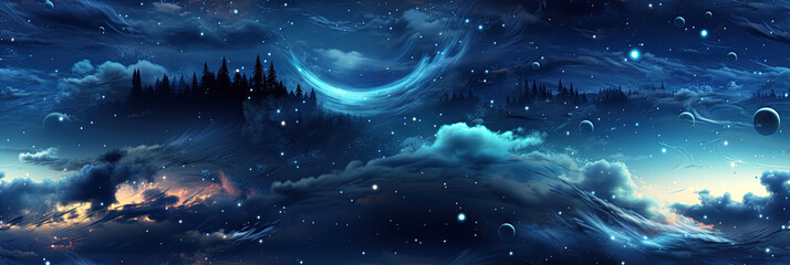 Wall Mural - seamless pattern with landscape panorama with night starry sky with stars on blue background