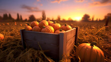 Orange Pumpkins Harvested In A Wooden Box With Field And Sunset In The Background. Natural Organic Fruit Abundance. Agriculture, Healthy And Natural Food Concept. Horizontal Composition.