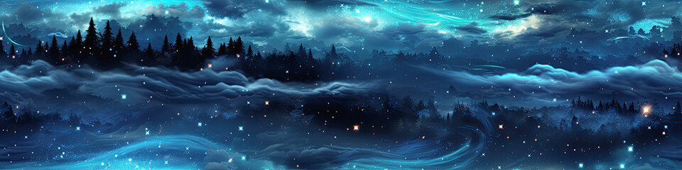 Wall Mural - seamless pattern with landscape panorama with night starry sky