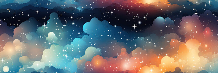 Wall Mural - seamless pattern with clouds and stars on night starry multicolored sky