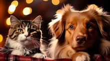 A Dog And Cat In Front Of A Decorated Christmas Tree In A House Celebrating Christmas Or New Year's Eve.
