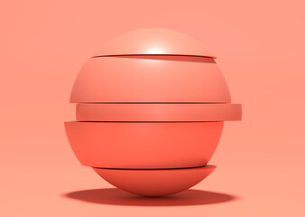 Aufkleber - Abstract blue geometric sphere sliced into layered pieces on light pink background.
