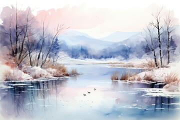 Wall Mural - Frozen Lakeside Reflections - Generative AI