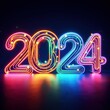 Neon lights forming 2024 on dark backdrop
