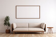 A large white blank picture frame hangs over a large cream color sofa, mockup, horizontal, landscape format
