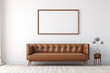 A large white blank picture frame hangs over a large brown sofa, mockup, horizontal, landscape format