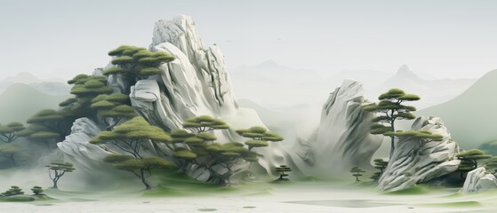 chinese landscape with mountains and pine trees