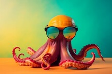 Funny Octopus Wearing Sunglasses Colorful Background. Monster Tentacle Wild Marine Squid. Generate Ai
