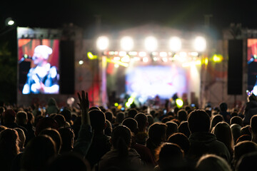 The audience watching the concert on stage. fans at a rock concert. the backs of unrecognizable people.