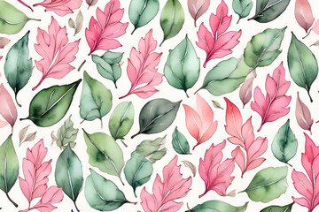 Wall Mural - floral pattern with watercolor leaf background in pink and green