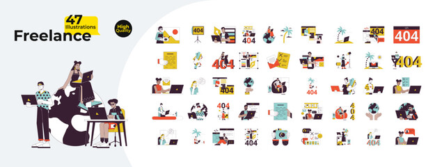 Poster - Freelance jobs work from home 2D linear illustration concepts bundle. Diverse freelancers laptops cartoon characters isolated on white. 404 error, abstract flat vector outline graphic collection