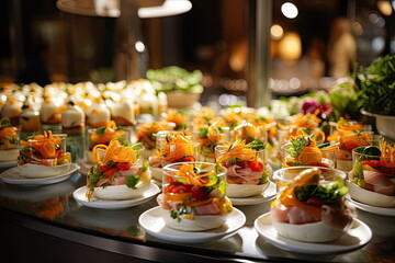 buffet food, catering food party at restaurant, mini canapes, snacks and appetizers