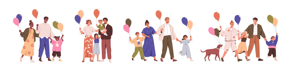 Wall Mural - Happy families with children with balloons. Parents and kids holding baloons on strings, walking, celebrating holiday, birthday together. Flat graphic vector illustrations isolated on white background