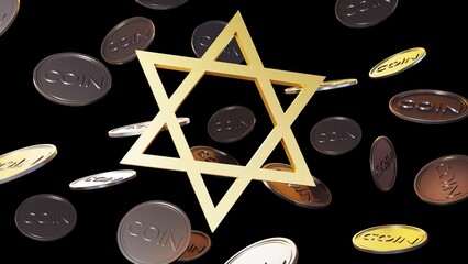 Wall Mural - A 3D rendering of the Star of David, a symbol of Judaism, with falling coins from above against a black background