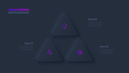 Three dark neumorphic triangles. Concept of 3 options of business development process. Infographic elements