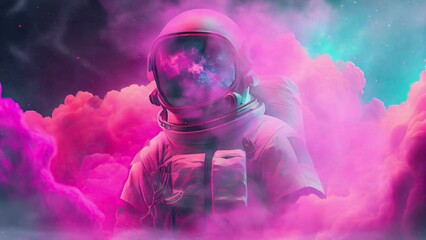video of astronaut - man or woman in suit with helmet, cosmic gas