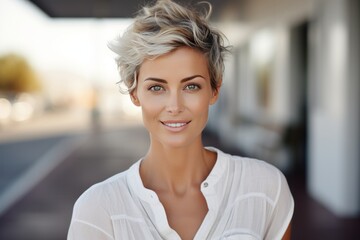 Wall Mural - Close-up portrait of beautiful Caucasian woman outdoors on the summer city street. Charming blonde with short hairstyle in white blouse looking at camera and smiling mysteriously. Blurred background.