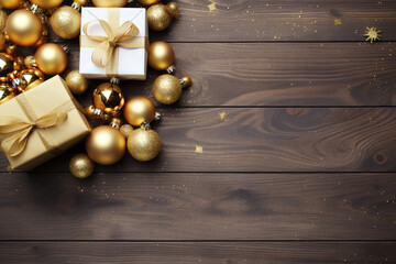 Wall Mural - Flat lay with golden baubles on wooden background