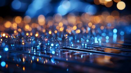 Abstract technology background with blue and yellow LEDs fiber optic network connections. AI generated.