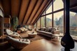 Chalet interior design of modern living room in wooden eco house in forest. Generative AI