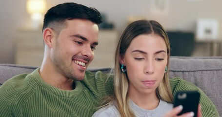 Poster - Choice, talking and a couple with a phone on home sofa for connection, communication and website. Young man and woman together on couch with a smartphone for internet, online shopping or social media