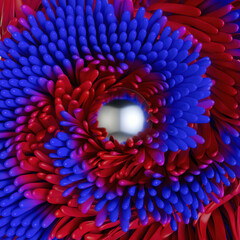 Poster - Colorful 3d rendering digital illustration of a metallic sphere surrounded by red and blue petals